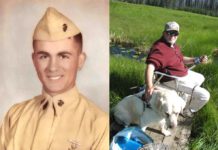 Before moving to Tualatin, Hal Long joined Marines to get GI Bill benefits for college, did three Vietnam tours for 18 months of combat; Health affected by Agent Orange (Left) Hal re-enlisted in Marines in 1963 as a Lance Corporal and like thousands of others, was sent to Vietnam. (Right) Hal Long with his faithful guide dog, Floyd, on a fishing adventure.