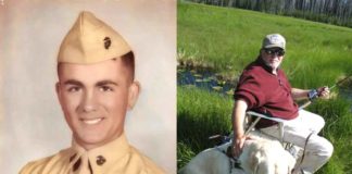 Before moving to Tualatin, Hal Long joined Marines to get GI Bill benefits for college, did three Vietnam tours for 18 months of combat; Health affected by Agent Orange (Left) Hal re-enlisted in Marines in 1963 as a Lance Corporal and like thousands of others, was sent to Vietnam. (Right) Hal Long with his faithful guide dog, Floyd, on a fishing adventure.