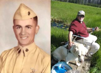 Before moving to Tualatin, Hal Long joined Marines to get GI Bill benefits for college, did three Vietnam tours for 18 months of combat; Health affected by Agent Orange (Left) Hal re-enlisted in Marines in 1963 as a Lance Corporal and like thousands of others, was sent to Vietnam. (Right) Hal Long with his faithful guide dog, Floyd, on a fishing adventure.