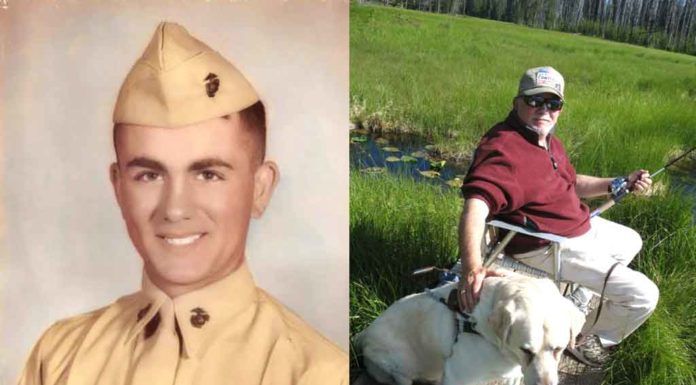 Before moving to Tualatin, Hal Long joined Marines to get GI Bill benefits for college, did three Vietnam tours for 18 months of combat; Health affected by Agent Orange (Left) Hal re-enlisted in Marines in 1963 as a Lance Corporal and like thousands of others, was sent to Vietnam. (Right) Hal Long with his faithful guide dog, Floyd, on a fishing adventure.
