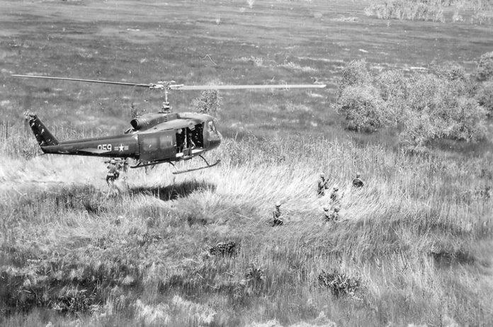 Helecopters were brought in to rapidly transport soldiers. UH-1D Huey helicopter hovers above Vietnamese Air Force personnel of the 211th Helicopter Squadron on a combat assault in the Mekong Delta area of Vietnam.