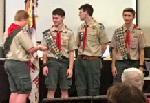 Tualatin BSA Troop 530 Honors a Convocation of Eagle Scouts Mason Lewellan presents three Eagle Scouts earn their Silver Palms (recognition for leadership beyond the Eagle Scout rank): Matthew Dannemiller, Liam Davis, and Devin Boatsman.