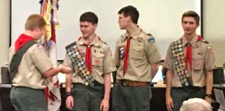 Tualatin BSA Troop 530 Honors a Convocation of Eagle Scouts Mason Lewellan presents three Eagle Scouts earn their Silver Palms (recognition for leadership beyond the Eagle Scout rank): Matthew Dannemiller, Liam Davis, and Devin Boatsman.