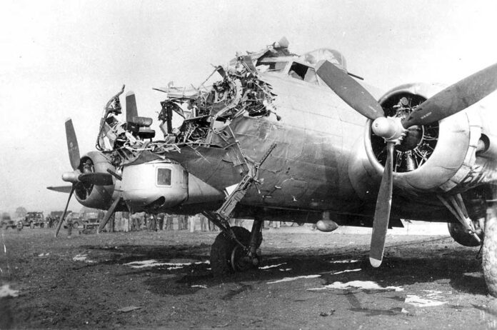 Damaged LeDoux plane. The B-17 Flying Fortress was famous for being able to take a lot of damage and still make it back to base. During WWII 12,732 B-17’s were produced between 1935 and May 1945. Of these 4,735 were lost in combat, a staggering 37 percent.