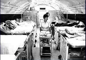 Patients were housed in Quonset hut wards.