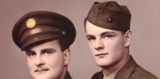 Two brothers each received Purple Heart in famous WWII battles, One in Iwo Jima in South Pacific; other in the Battle of the Bulge Brothers George (on right) and LeRoy Anderson