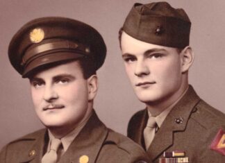 Two brothers each received Purple Heart in famous WWII battles, One in Iwo Jima in South Pacific; other in the Battle of the Bulge Brothers George (on right) and LeRoy Anderson