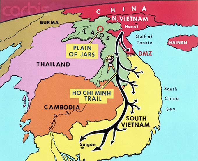 Ho Chi Minh Trail travels from Hanoi through Laos and Cambodia into Southern Vietnam.