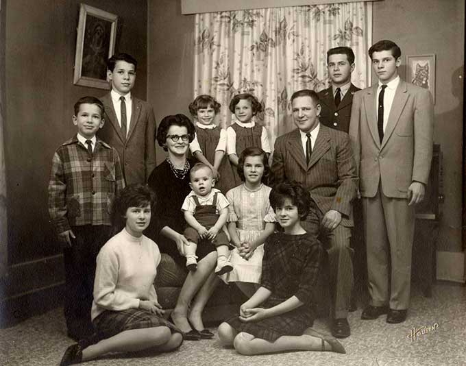 Ray and Edna LeDoux with their ten children in 1965. George Abbot LeDoux is in upper left.