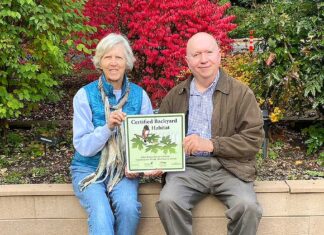 Tualatin Historical Society Garden wins award Chris Tunstall (left) and Larry McClure hold a metal plaque designating the historical society’s Backyard Habitat Silver Certification.