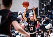 Timberwolves fire up basketball season with senior-less squad Anna Sherman (13) secures an opening and puts one up from three against Mountainside. Sherman scored the only three-pointer of the night from the Wolves in her five points scored.