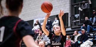 Timberwolves fire up basketball season with senior-less squad Anna Sherman (13) secures an opening and puts one up from three against Mountainside. Sherman scored the only three-pointer of the night from the Wolves in her five points scored.
