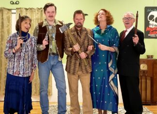 Mask & Mirror Presents a Comic Thriller with Twists and Turns: Deathtrap! Cast in photo, left to right: Diana LoVerso, Blaine Vincent III, Jeff Ekdahl, Patricia Alston, Bud Reece