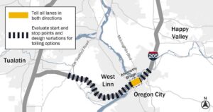 This Oregon Department of Transportation map shows the location of the first section of Interstate-205 the agency plans to toll in the future. ODOT has stated it would like to toll both I-205 and I-5 throughout the Portland metro area after that.