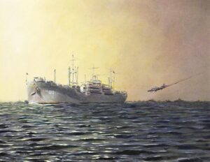 APA 120, U.S.S. Hinsdale hit by a Kamikaze off Okinawa. Oil on Canvas. Braden’s father survived the attack on the Hinsdale, but a dozen of the others onboard did not.