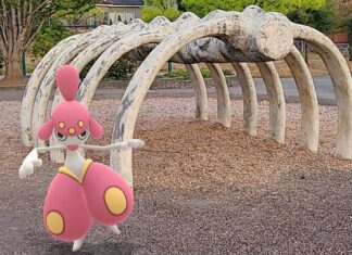 Pokemon Go for Seniors and All! A photo of a Pokemon at the dinosaur bones at Ibach Park.