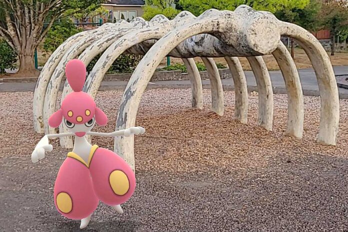 A photo of a Pokemon at the dinosaur bones at Ibach Park.