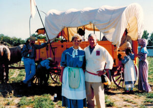During Barb Stinger’s 40-day trek along the Oregon Trail, her husband Ken drove to visit her on weekends.