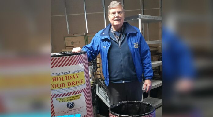 Tualatin Kiwanis Launch Holiday Food Drive Tualatin Kiwanis members Wallie Downs delivering barrels of food to the Tualatin Schoolhouse Pantry.