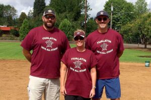 (L to R): Coaches Brad Holly, Tracie Strahm, and Howard Hoyle, coaching a 9-10 All-Star team.