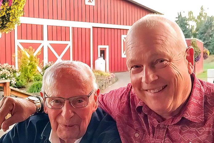 Bill Schonely and the author at Eggers’ retirement roast (from newspapers) in 2021 at Langdon Farms.