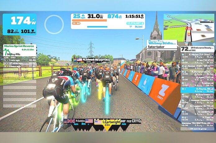 Screen image of the Zwift App being used with an indoor cycling trainer.