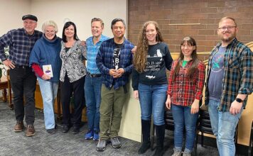 Mask and Mirror Community Theatre presents Moon over Buffalo The cast enjoys a group shot during their first read through of the hilarious script. From left, John Knowles, Virginia Kincaid, Shelley Aisner, Jeff Ekdahl, Les Ico, Liana Dillaway, Amelia Michaels, and Jeff Gardner.