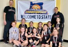 Fourth-grade girls basketball finish third in the state Coaches: Evan Johnson (left) and Kristin Mansfield. Players (L - R, top row) Harper Abernathy, Addison Evans, Clair Walson, Brielle Reist, Hailey DeClercque and Giavanna Mansfield; (Bottom row) Kendal Davidson, Reeve Johnson, Cora Lindsey and Riley Davidson.