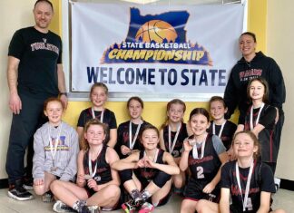 Fourth-grade girls basketball finish third in the state Coaches: Evan Johnson (left) and Kristin Mansfield. Players (L - R, top row) Harper Abernathy, Addison Evans, Clair Walson, Brielle Reist, Hailey DeClercque and Giavanna Mansfield; (Bottom row) Kendal Davidson, Reeve Johnson, Cora Lindsey and Riley Davidson.