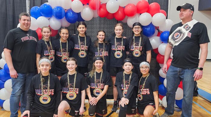 Sixth Grade Girls Win State Basketball Championship Coaches: Jeremy Bieberdorf (left) and Shane Freepons: Players (L-R, top row) Ella Bieberdorf, Audrey Poulivaati,Brooklyn Freepons, Priscilla Saucedo, Kylie Clark , Lily Eisawy; (Bottom row) Scarlett Miller, Gianna Paulson, Kennedy Keim, Camyrn Powers, Malia Pressley.
