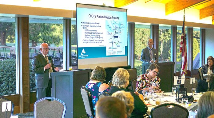 Transportation: Pay More, Get Less? Washington County Commissioner Roy Rogers (left) and Clackamas County Commissioner Paul Savas (top right) discuss the plans and cons of a proposed I-205 tolling plan at last year’s Tualatin Chamber of Commerce Key Leaders Breakfast. File Photo/Tualatin Life