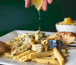 White Wine Lemon Crème Sauce with Penne Pasta and Grilled Marinated Chicken ($19)