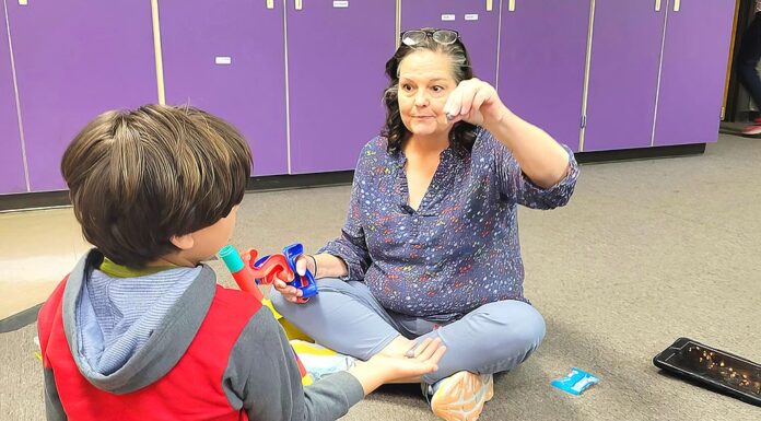 TTSD Makes Big Changes in Autism Services In this photo, Autism Specialist Val Valo uses play-based strategy to support the student’s social and language development. She encourage him to ask for the marbles in her hand as he builds a marble tower.