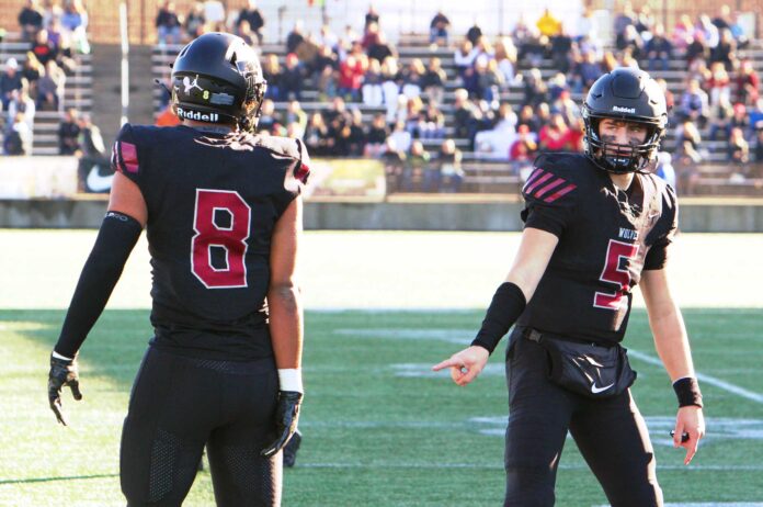 Tualatin opened the state title game with a touchdown pass from Nolan Keeney (No. 5) to Jayden Fortier (No. 8), but both players were hurt in the second quarter and neither returned, as the Timberwolves lost to Central Catholic.