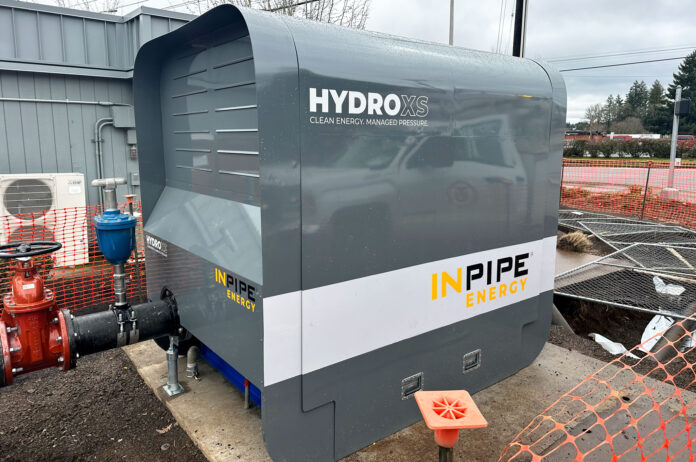 Tualatin’s new Hydro-Turbine sitting at the Tualatin City Services Facility. The machine is set to start producing 250,000 kilowatts hours of energy each year.