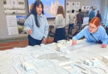 UO architecture students reimagine downtown Tualatin Laura Lopez (left) and Alex Schulte, third-year students in a University of Oregon architectural program, finetune placement of building replicas on a relief map of Tualatin’s downtown. They were participating in a March 10 symposium to exhibit their thoughts on the district’s rejuvenation.