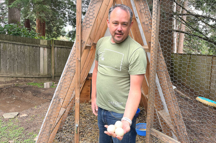 Kevin Mulvaney showcasing eggs laid by his Runner Ducks on March 17, 2026.