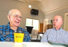 Tualatin Historical Society Celebrates 100 Years of Heritage Center Building Norm Parker (left) and Larry McClure discuss the history of the Tualatin Heritage building, which used to be a Methodist Church, with Tualatin Life.