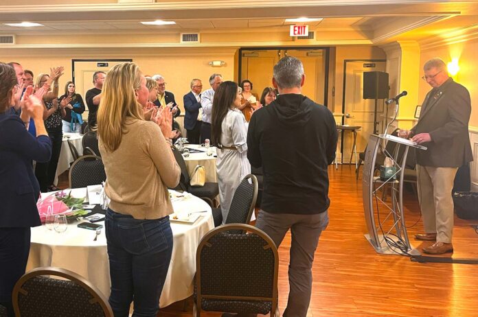 Tualatin Mayor of almost eight years, Frank Bubenik, receives a round of applause after his speech at the Tualatin State of the City event on May 19.