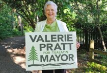 Why I Am Running for Mayor: A Letter to Tualatin Valerie Pratt holding "Valerie Pratt for Mayor" sign.