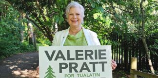 Why I Am Running for Mayor: A Letter to Tualatin Valerie Pratt holding "Valerie Pratt for Mayor" sign.