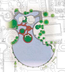 A rendering shows a University of Oregon student's lily-pad concept for redeveloping downtown Tualatin's Lake at the Commons.