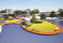 $740K Metro Grant Boosts Final Phase of Downtown Tualatin Revitalization A color rendering shows a University of Oregon student's so-called lily-pad concept for redeveloping downtown Tualatin's Lake at the Commons. The idea would be to build green-space pads that would both enliven the lake and better coordinate its surroundings. Hundreds of students in UO’s Sustainable City Year Program contributed countless ideas for the revitalization of Tualatin's urban core.