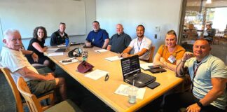 Tualatin E-Bike Safety Coalition Hopes to Curb Accidents by Educating E-Safety Coalition members, from left to right: Danny O’Neal, Beth Dittman, TTSD School Resource Officer Brian Miller, Tualatin Police Captain Eric French, Tualatin Patrol Sergeant James Wall, TTSD Safe Routes Coordinator Dan Keller, Injury Prevention Program Supervisor at Randall Children’s Hospital Amber Kroeker and TTSD School Resource Officer Daniel Hernandez.