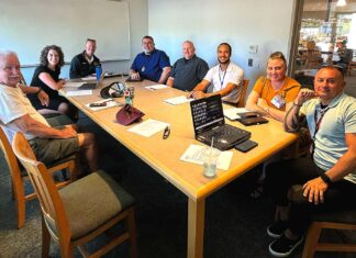 Tualatin E-Bike Safety Coalition Hopes to Curb Accidents by Educating E-Safety Coalition members, from left to right: Danny O’Neal, Beth Dittman, TTSD School Resource Officer Brian Miller, Tualatin Police Captain Eric French, Tualatin Patrol Sergeant James Wall, TTSD Safe Routes Coordinator Dan Keller, Injury Prevention Program Supervisor at Randall Children’s Hospital Amber Kroeker and TTSD School Resource Officer Daniel Hernandez.