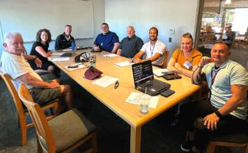 Tualatin E-Bike Safety Coalition Hopes to Curb Accidents by Educating E-Safety Coalition members, from left to right: Danny O’Neal, Beth Dittman, TTSD School Resource Officer Brian Miller, Tualatin Police Captain Eric French, Tualatin Patrol Sergeant James Wall, TTSD Safe Routes Coordinator Dan Keller, Injury Prevention Program Supervisor at Randall Children’s Hospital Amber Kroeker and TTSD School Resource Officer Daniel Hernandez.