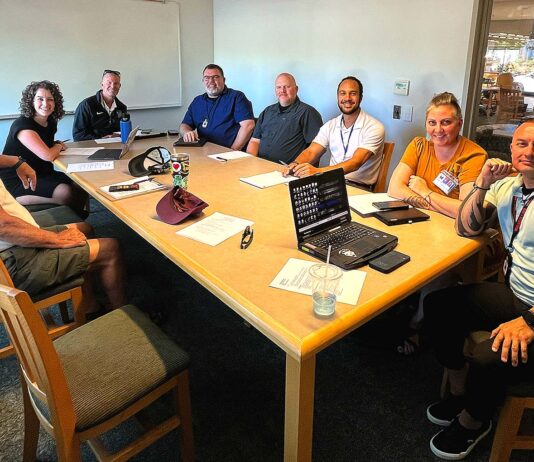 Tualatin E-Bike Safety Coalition Hopes to Curb Accidents by Educating E-Safety Coalition members, from left to right: Danny O’Neal, Beth Dittman, TTSD School Resource Officer Brian Miller, Tualatin Police Captain Eric French, Tualatin Patrol Sergeant James Wall, TTSD Safe Routes Coordinator Dan Keller, Injury Prevention Program Supervisor at Randall Children’s Hospital Amber Kroeker and TTSD School Resource Officer Daniel Hernandez.
