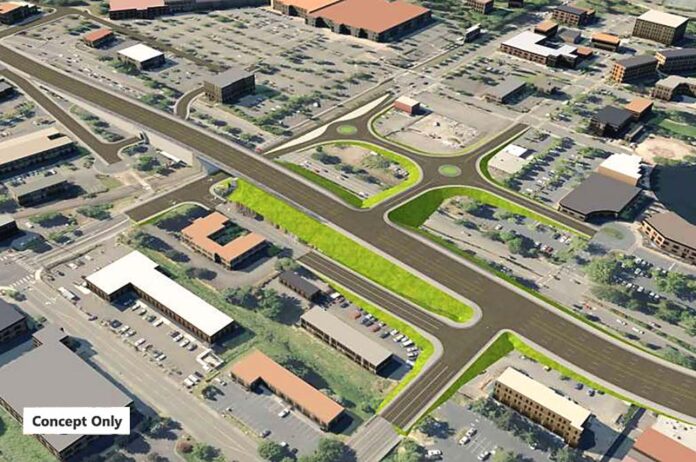 Tualatin-Sherwood-Road-Project Southernly Alignment: A rendering presented to Tualatin City Councilors shows a realigned Tualatin-Sherwood Road extending over Boones Ferry Road and the Portland and Western Railroad.