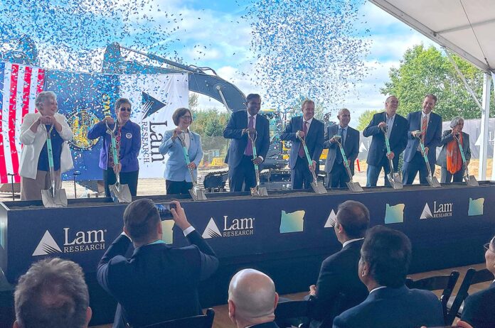shovels Tualatin City Council President Valerie Pratt (left) posed alongside Washington County Chair Kathryn Harrington, U.S. Congresswoman Suzanne Bonamici, Lam Research CEO Tim Archer, Oregon Secretary of State Tobias Read and others for a commemorative photo at the groundbreaking event for the new campus in Tualatin.