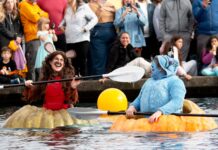 Giant Pumpkins Set Sail at Tualatin’s West Coast Giant Pumpkin Regatta Two participants in their giant pumpkins.